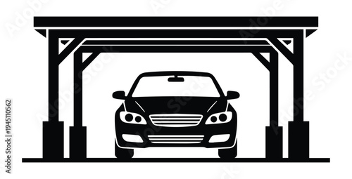A front view car parked under a carport structure providing shelter Icon Silhouette vector black design on a white background