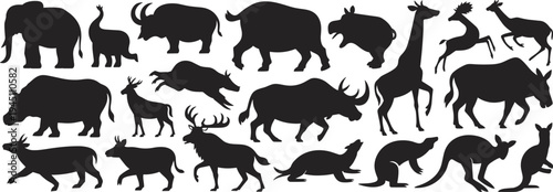 Silhouettes of various wild animals from different continents on a white background wildlife safari