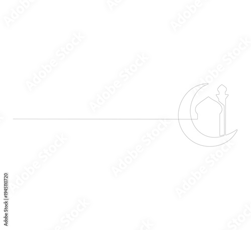 Ilustrasi Bulan Sabit dan Masjid dengan Gambar Garis Tunggal Berkesinambungan, Seni Garis Islami Minimalis untuk Kartu Ucapan Ramadan Kareem, Desain Eid Mubarak, Seni Doodle Vektor Religius