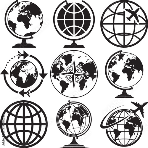 Black and white globes and travel in various styles and orientations msea set airplane