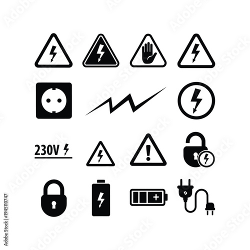 Collection of electrical hazard warning symbols and icons representing electricity and power safety measures