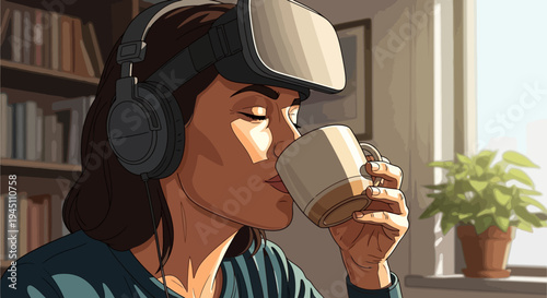 Virtual reality user drinking coffee in home library