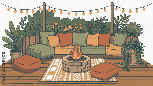 Cozy outdoor patio with fire pit sectional sofa pillows plants and string lights on wooden deck