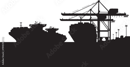 Black silhouette of cargo ship and crane at dock