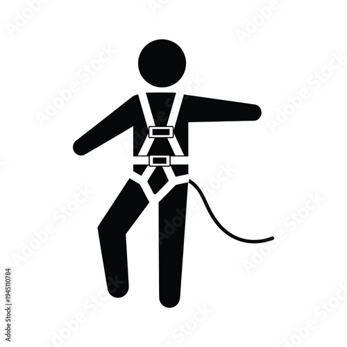 Black silhouette of a person wearing a safety harness and a rope for extreme sports or construction work