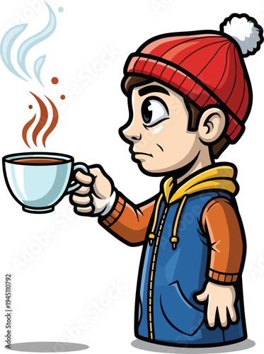 Winter boy character in a puffer jacket holding a steaming cup