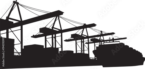 Black silhouette of cargo ship with cranes and containers