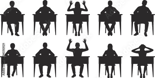 Students Silhouettes Sitting at Desks Raising Hands and Looking Down Keywords: students, silhouette, sitting, desk, classroom
