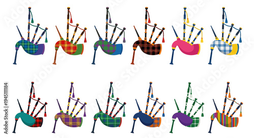 Colorful assortment of bagpipes arranged in a grid pattern on white