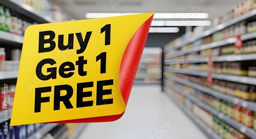 Buy One Get One Free Sale Banner in Supermarket Aisle – Retail Promotion Discount Offer