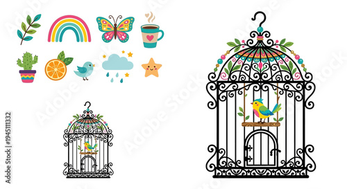 Colorful illustration of whimsical birdcages butterflies and cheerful springtime elements