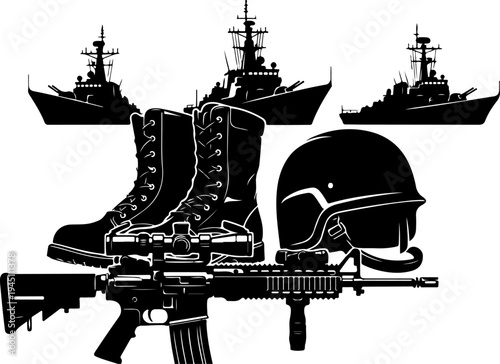 Military equipment including ships helmet boots and a rifle depicted in silhouette, force, silhouette, strategy, uniform, gear, helmet, rifle, security, soldier, army, boot, combat, defense, footwear,