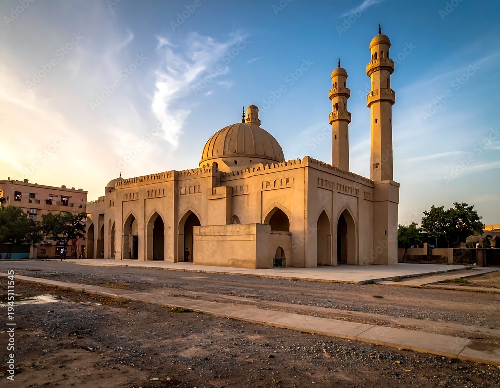 Fototapeta premium A large beige mosque with a dome and two minarets