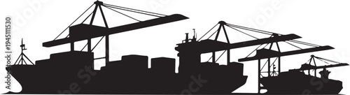 Black silhouette of cargo ships and cranes white background