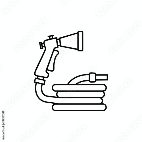 Line art icon of a spray nozzle attached to a coiled garden hose
