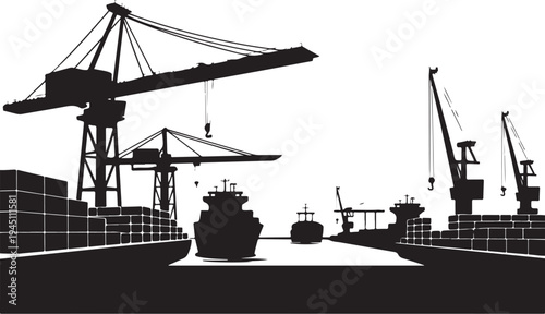 Black silhouette of cargo ships and cranes at a port