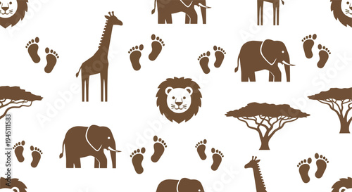 African Safari Animals Vector Pattern with Lion, Elephant, Giraffe, and Acacia Tree Icons
