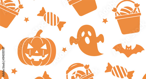 Halloween seamless vector pattern with pumpkin, ghost, bat, and candy in orange on white