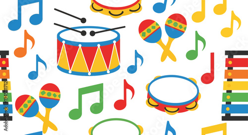 Colorful Music Instruments Vector Pattern with Drums, Maracas, Notes, and Xylophone