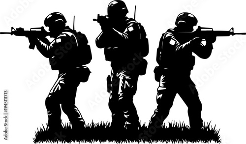 silhouette of three soldiers with a rifle
