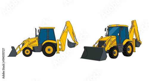 Two yellow backhoe loaders are depicted in a simple illustrative style