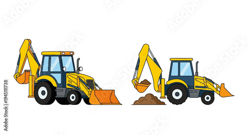 Cartoon illustration of two yellow and blue backhoe loaders