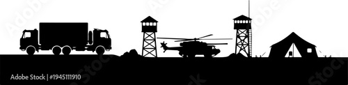 Military vehicles and structures including truck, helicopter, tank, watchtower, and tent in black silhouette design