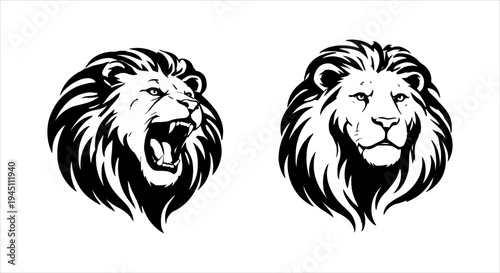 Two Lion Head Illustrations Majestic Roaring and Regal Portrait