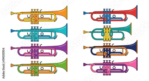 Colorful cartoon trumpets arranged in a grid pattern on a white background