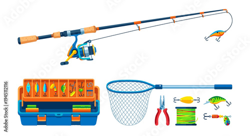 Fishing gear including a rod tackle box net and various lures