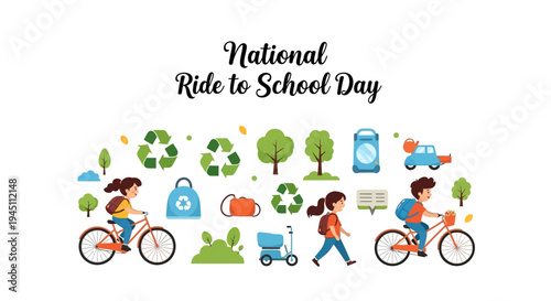 Illustration of kids riding bikes to school with eco-friendly icons for National Ride to School Day promoting active and healthy transportation