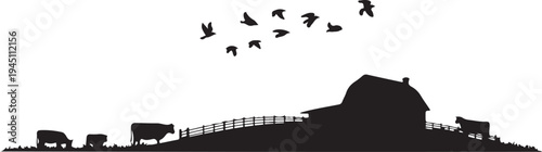Black silhouette of cows and birds on farm barn fence