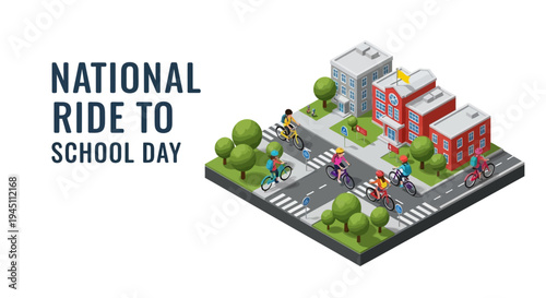 Isometric illustration of kids riding bikes to school on National Ride to School Day with a modern school building in the background.