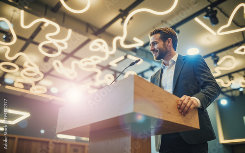 Professional Speaker at Podium – Modern Conference Hall with Abstract Light Background for Business Presentations and Leadership Events