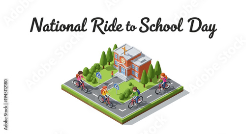 Illustration of kids riding bikes to school on National Ride to School Day with a school building in the background.