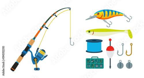 Fishing gear and tackle set illustrated in a colorful flat style