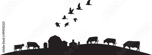 Black silhouette of cows and birds on farm
