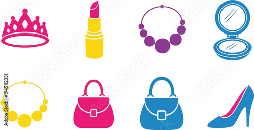 Fashion accessories vector pattern with crown, lipstick, handbag, necklace, compact, and high heel icons