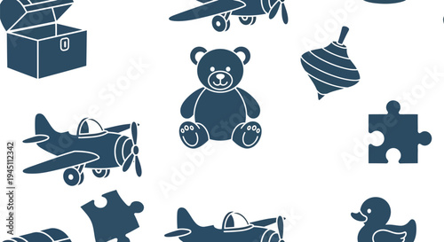 Seamless vector pattern with vintage toys, teddy bear, airplane, puzzle, and spinning top