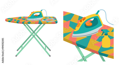 Colorful illustration of an iron ironing board and spray bottle
