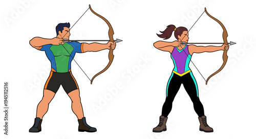 Illustration of a man and woman demonstrating archery poses with bows