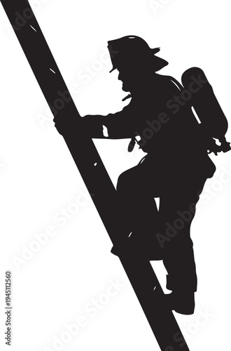 Black silhouette of firefighter climbing ladder with equipment
