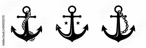 Collection of classic nautical ship anchors with chain elements, ideal for marine themes and coastal designs