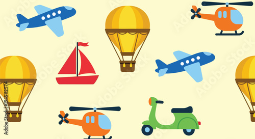 Seamless Transportation Vector Pattern with Airplane, Balloon, Helicopter, Scooter, and Boat