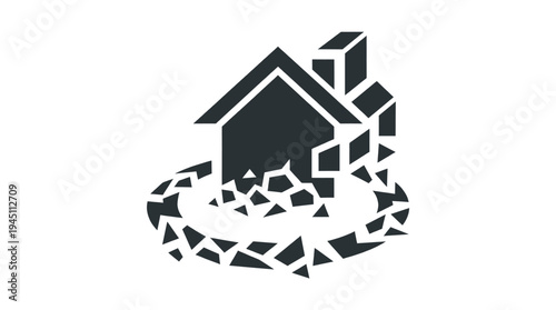 A house icon surrounded by a circular ring of debris or broken stone representing a property foundation under construction or demolition.