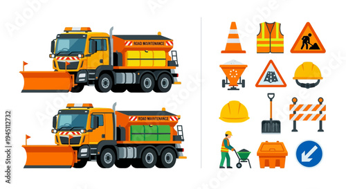 Road maintenance vehicles and equipment illustrated in a cartoon style