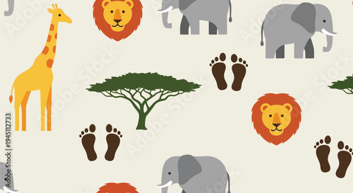 African safari animals seamless vector pattern with giraffe, lion, elephant, and acacia tree