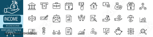 Income and money outline icon set featuring banking and financial investment for business profit and more vector illustration or editable stroke