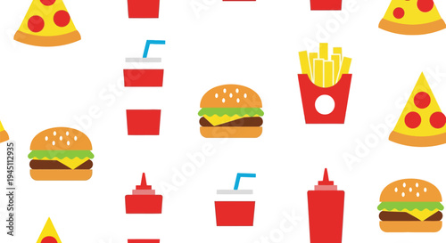 Fast food vector pattern with pizza, burger, fries, soda, and ketchup on white background