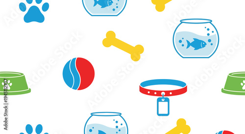 Pet Supplies Vector Pattern with Fishbowls, Bones, Collars, Bowls and Paw Prints on White